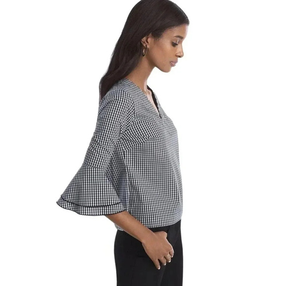 White House Black Market Black + White Gingham Bell Sleeve Carmen Blouse Size 4 - Picture 3 of 6